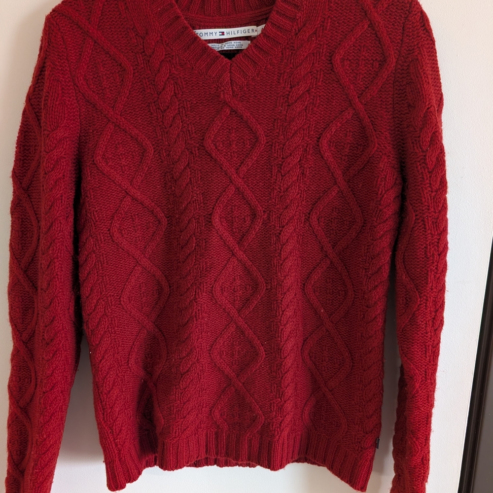 Tommy Hilfiger V-Neck Red Sweater 100% Lambswool